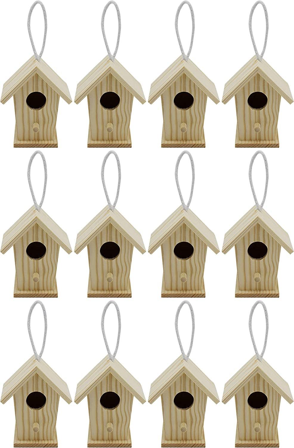 12-Pack of Mini Wooden Bird Houses to Paint, with Hanging Cords, Unfinished DIY Design Your Own