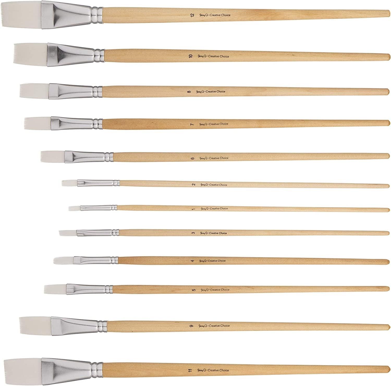 12 PC White Synthetic Hair Flat Brush Set with Long Wood Handles for Watercolor and Acrylic