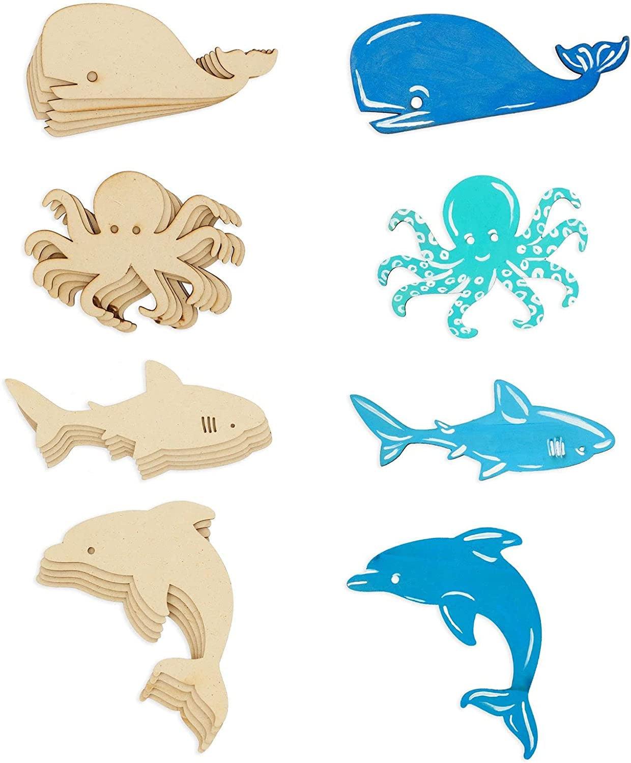 24 Pieces Unfinished Sea Creatures Wood Cutouts for Crafts, Wooden Ocean Animals (Octopus, Shark, Whale, Dolphin)