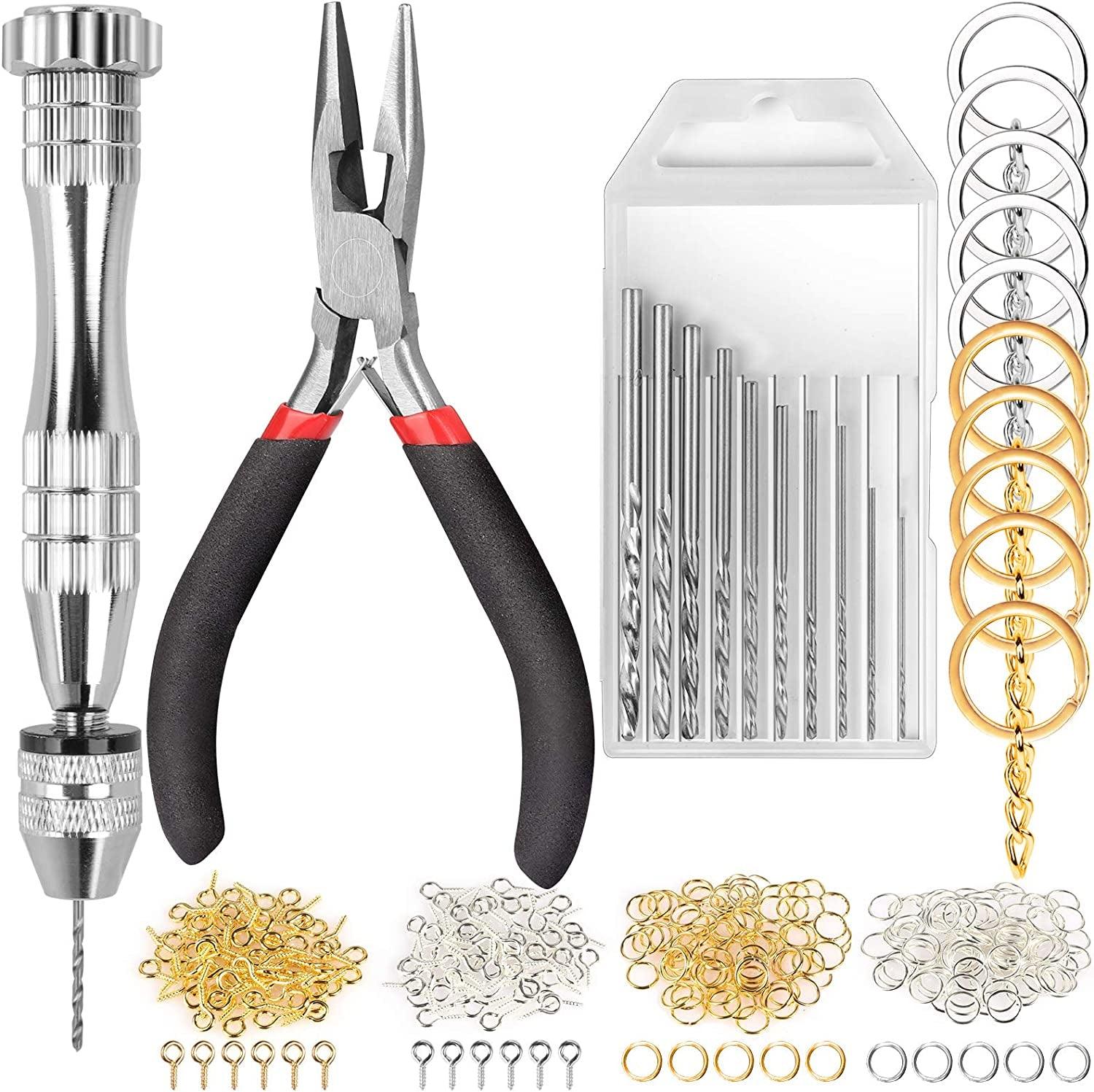 222 PCS Pin Vise Kit for Resin Molds,  Steel Hand Drill with Drill Bits & Grip Nose Pliers & Keychain Supplies Jump Rings, Hand Drill for Silicone