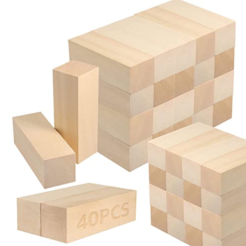 RHBLME 40 PCS Basswood Carving Blocks, 4″ x 1″ x 1″ Unfinished Wood Blocks for Carving, Wooden Cubes Soft Solid Wooden Basswood for Wood Carving