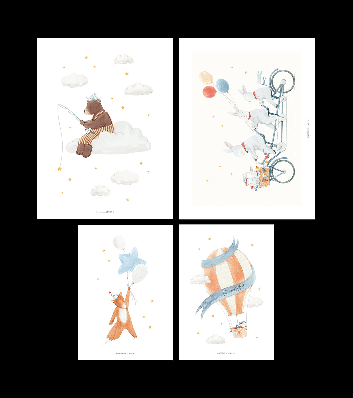 Gentle Friends – Set Of 4 Art Prints – Rabbit, Bear, Fox, Hot-air Balloons