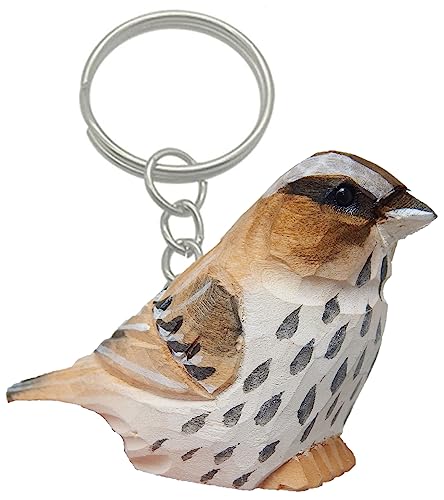 Selsela Sparrow Brown Bird Keychain Ring Hook Clip Charm Miniature Wood Mini Figurine Small Animal