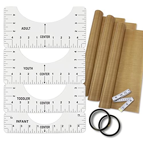 T-Shirt Alignment Ruler Heat Resistant Tape 10mm X 33m 108ft, PTFE Teflon Transfer Sheet 16 x 20″ – 4 Rulers, 2 Rolls Heat Resistant Tape, 3 Packs