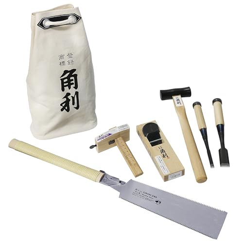 KAKURI Japanese Woodworking Hand Tools Set for Beginner 7 Pcs (Japanese Plane, Chisels, Saw, Hammer, Marking Gauge, Bag) Made in JAPAN