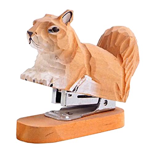 Stapler Set 1PC Wooden Animal Stapler, Squirrel Staplers for Desk, Squirrel Desktop Stitcher Handmade Wood Carving Statue Sculpture for Office