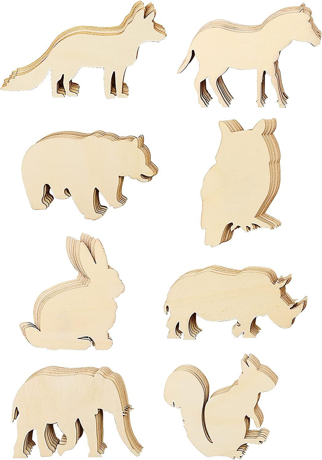 48 Pack Unfinished Wooden Woodland Forest Animal Life Cutouts,Bear,Fox,Elephant,Rabbit,Squirrel,Horse,Rhinoceros,Owl Shapes (6 Pcs/Shape)