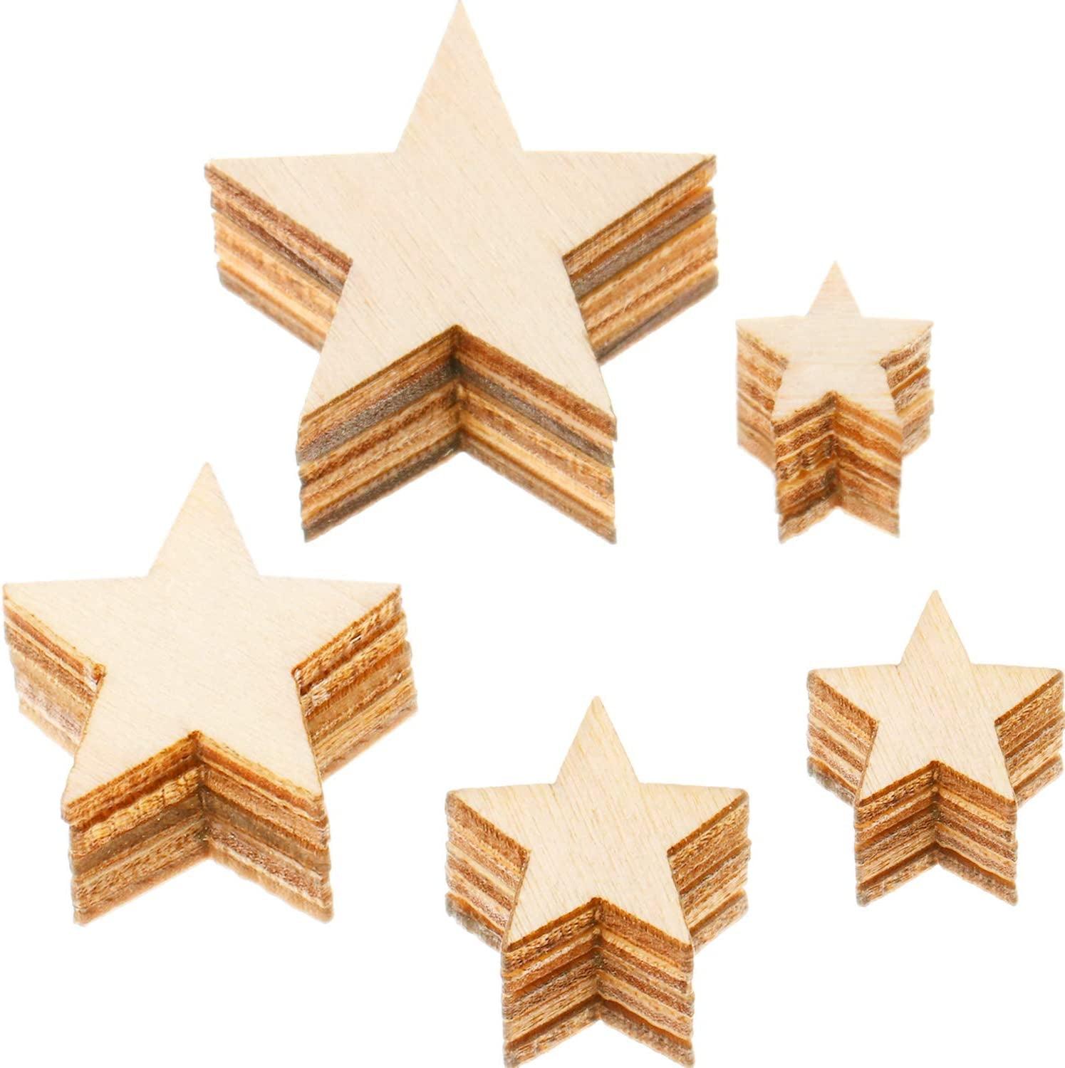 500 Pieces Wooden Star Slices Wood Cutouts Blank Star Shape Wood Unfinished Star Ornaments DIY Supplies, 5 Sizes