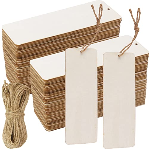 FSWCCK 50 Pcs 6 x 2 Inch Large Size Blank Wooden Gift Tags Labels Unfinished Wooden Book Markers Ornaments with Holes and Ropes for DIY Crafts,