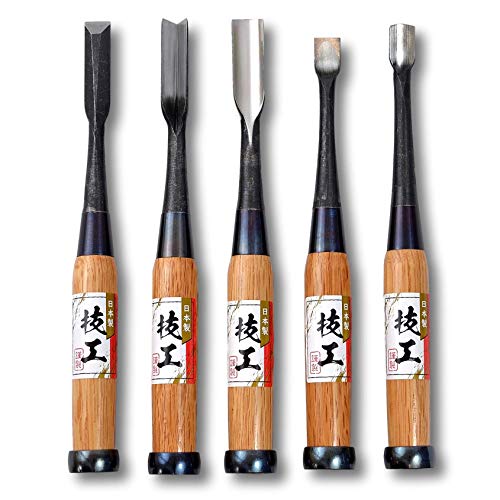 KAKURI Japanese Wood Carving Chisel and Gouge Set 5 Pcs for Woodworking, Made in JAPAN, Professional Heavy Duty Woodcarving Tools, Razor Sharp