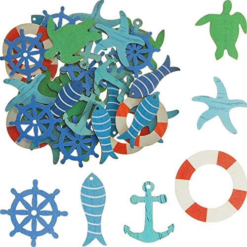 Coastal Cruise Ship Miniature Beach Themed Craft Wood Cutout Starfish, Sea Turtle, Sea Ring, Captain Wheel and Fish Small Wood Nautical Marine