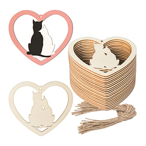 Heart Shape Wooden Cat Wood Blank Wood with Twines Art Unfinished Ornaments for Christmas Wedding Birthday Party Valentine’s Day Thanksgiving Day