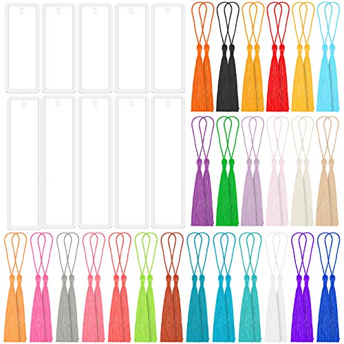 Bookmark Mold with Tassles, Caffox Bookmark Mold Kit with 100pcs Bookmark Tassels Bulk and 10pcs Rectangle Silicone Bookmark Mold for Epoxy Resin