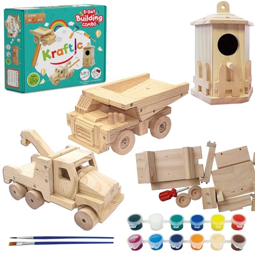 Kraftic Woodworking Building Kit for Kids and Adults, with 3 Educational DIY Carpentry Construction Wood Model Kit Toy Projects for Boys and Girls –