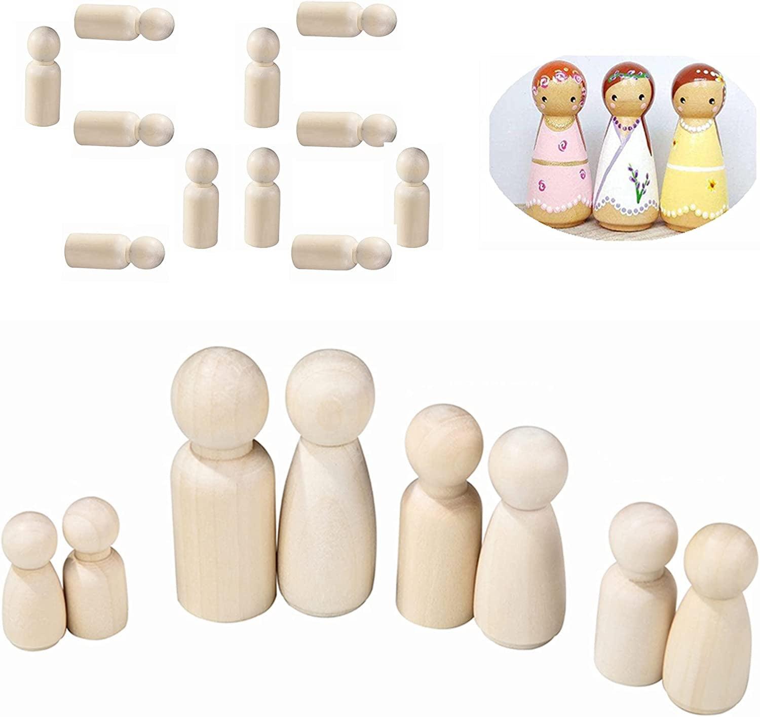 56 PCS Unfinished Natural Wooden Peg Dolls,Little Wooden Peg People for Painted or Craft