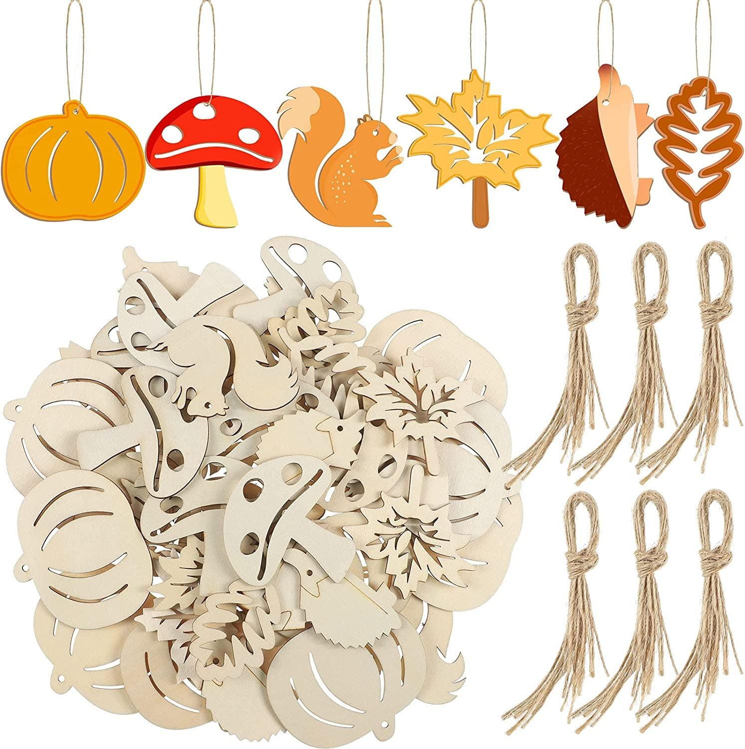 60 Pcs Fall Thanksgiving Unfinished Wooden Hollow Maple Leaves Pumpkin Mushrooms Wood Cutout Slices Craft DIY Decor