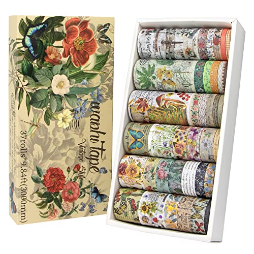 37 Rolls Vintage Washi Tape Set – Decorative Tape Floral Butterfly Mushroom Botanical,Adhesive Tape for Journaling Supplies,Scrapbooking,Junk Journal