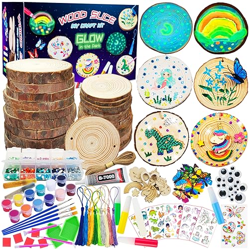 Wooden Crafts Kit for Kids – Glow in The Dark – Arts & Crafts Gifts for Boys Girls Age 6-12, 24 Wood Slices with Diamond Painting Craft Activities