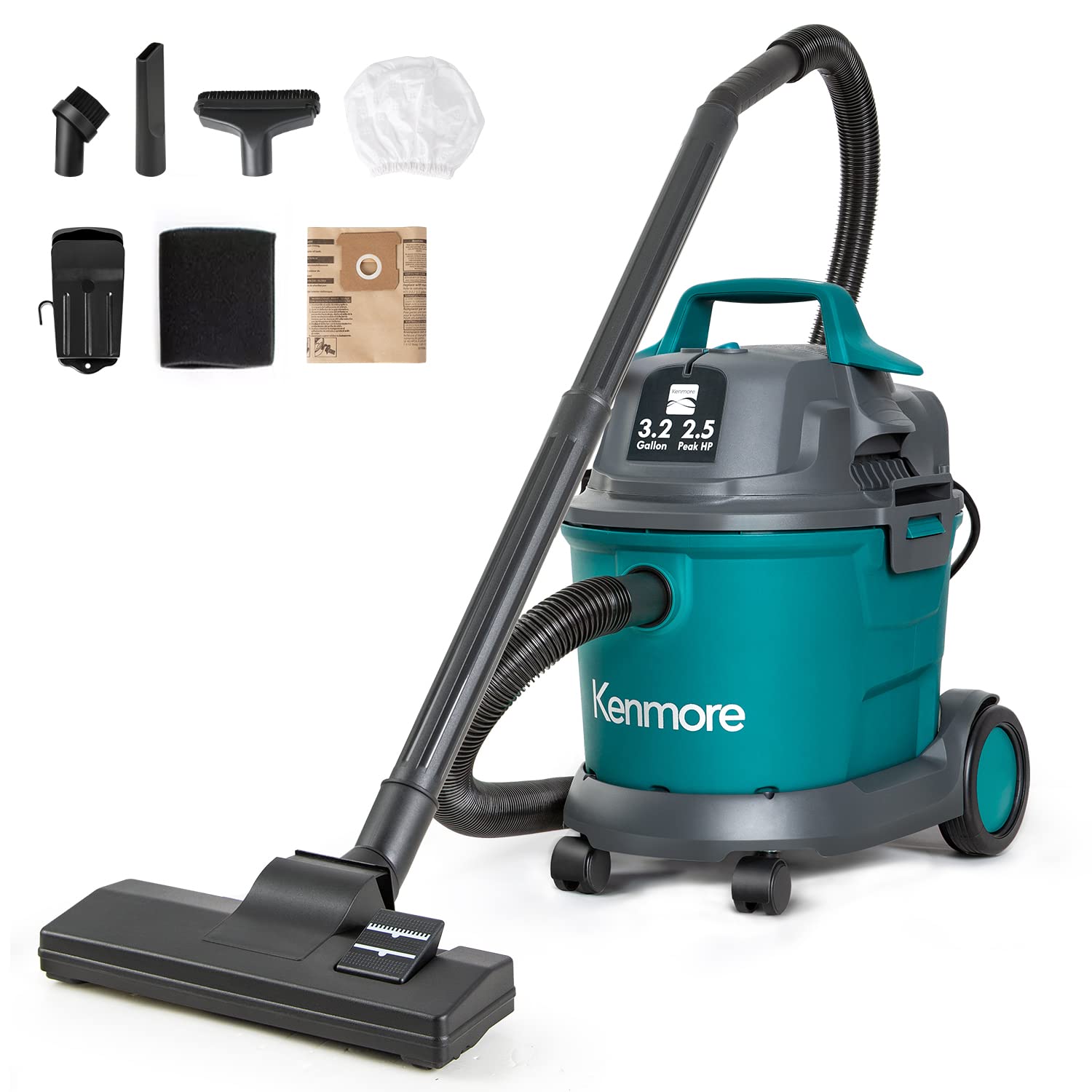 Kenmore KW3030 Wet Dry Canister 3.2 Gallon 2.5 Peak HP Shop Vacuum Cleaner with Extension Wands Tool Storage & Wall Bracket for Garage, Car, Home &