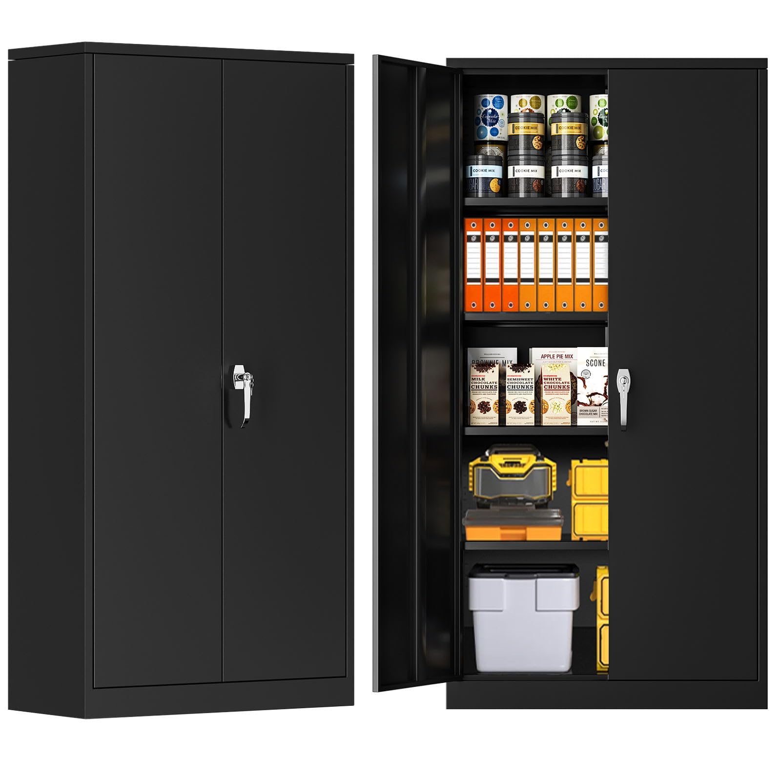 Superday 71″ Lockable Steel Storage Cabinet, Locking Metal Storage Cabinets, Tall Black Cabinet with 2 Doors and 4 Adjustable Shelves for Garage,