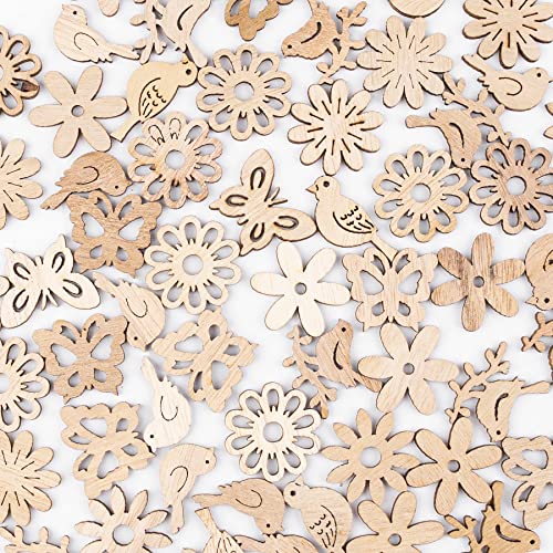 AUEAR, 300 Pack Wooden Embellishments Butterfly Flower Bird Slices Discs Unfinished Wooden Cutouts Wood Ornaments for Crafts DIY Handmade Decoration