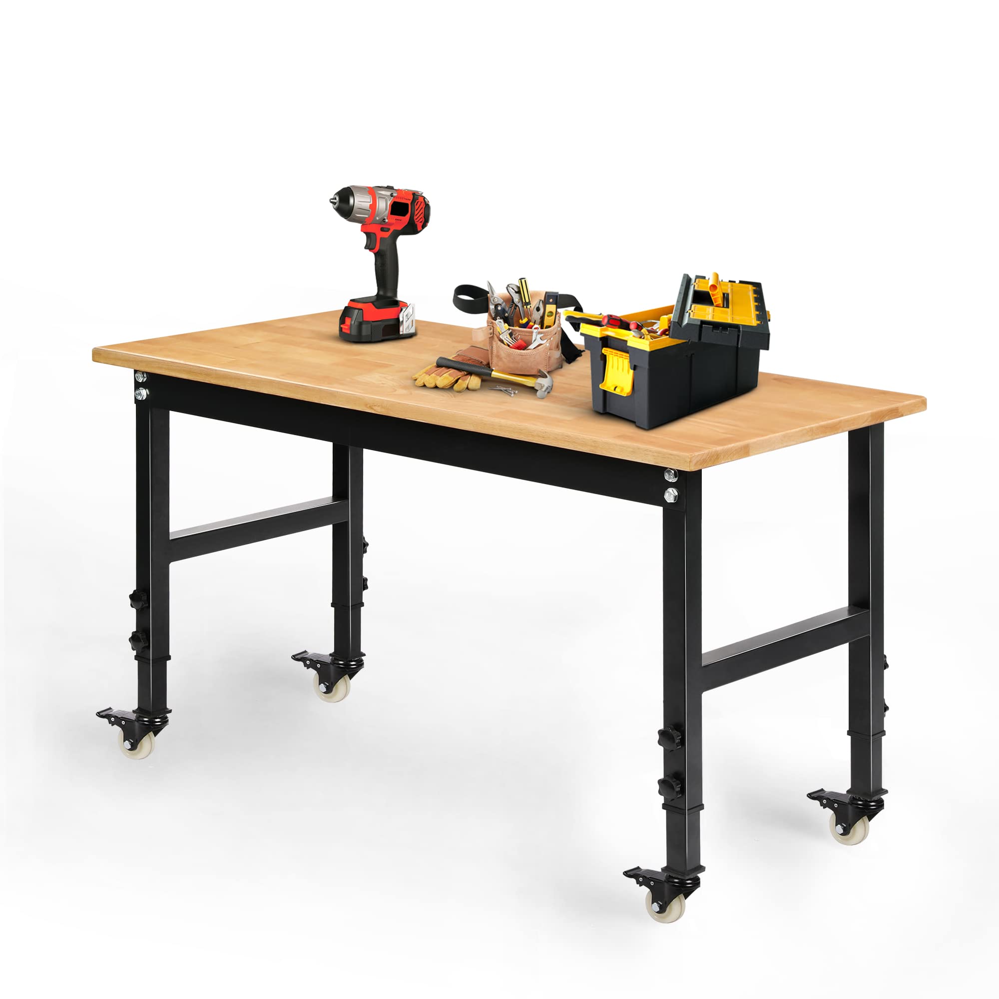 Betterhood 48″ Heavy-Duty Adjustable Workbench for Garage, Rubber Wood Shop Table W/Metal Wheels, Hardwood Workstation Weight Capacity Over 2000 Lbs