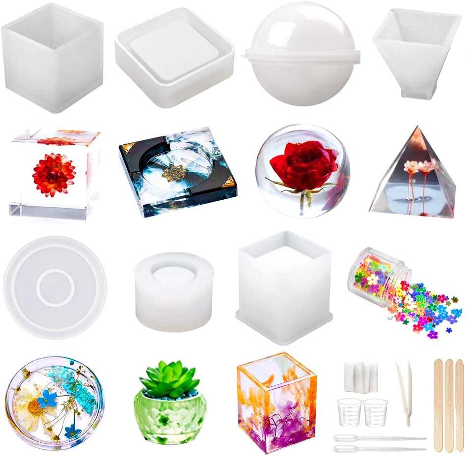 Resin Molds Silicone Kit 20Pcs,Epoxy Resin Molds Including Sphere,Cube,Pyramid,Square,Round, Used for Create Art,Diy,Ash Trays,Coasters,Candles.Bonus