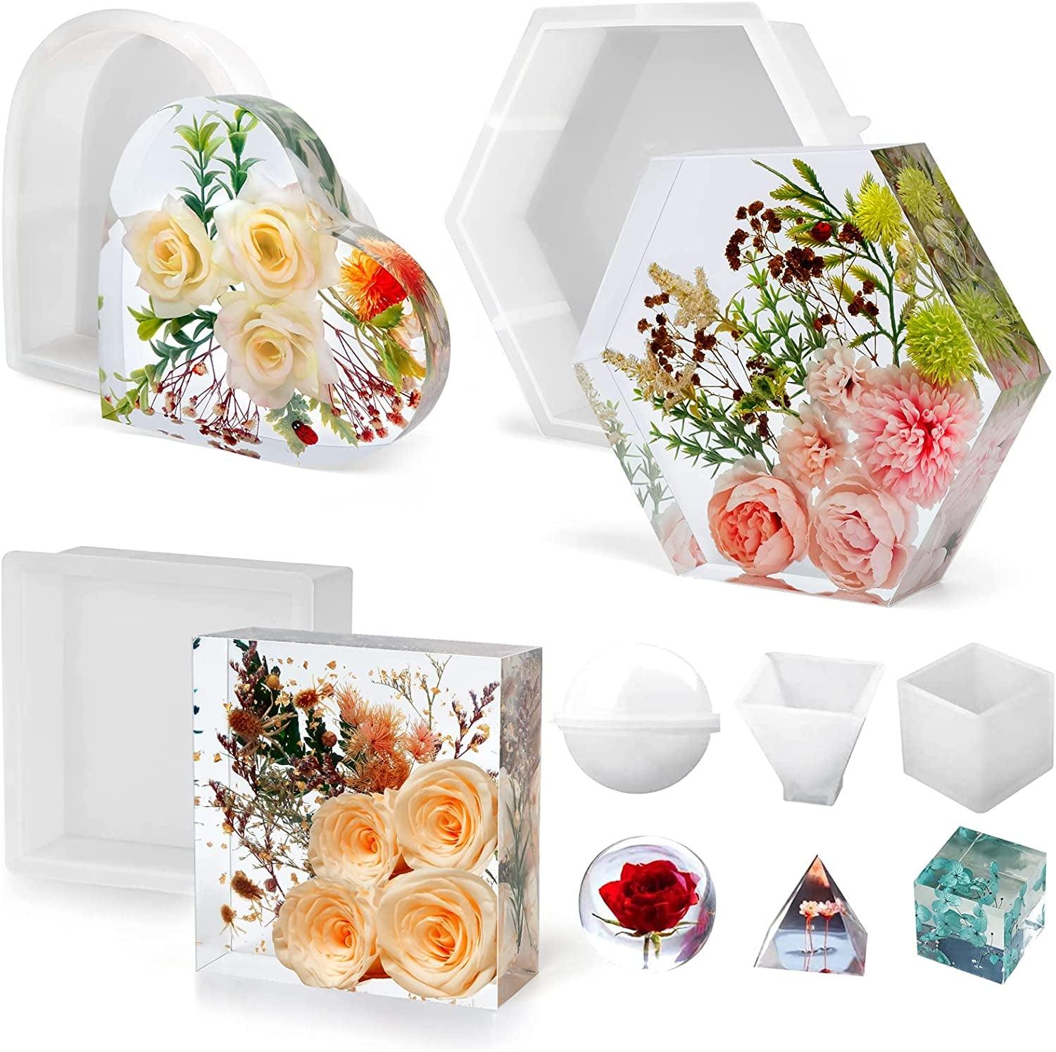 3 PCS Large Resin Molds Silicone, Including Deep Hexagon, Heart, Square Epoxy Resin Casting Mold for Flower Preservation Bookends DIY Art