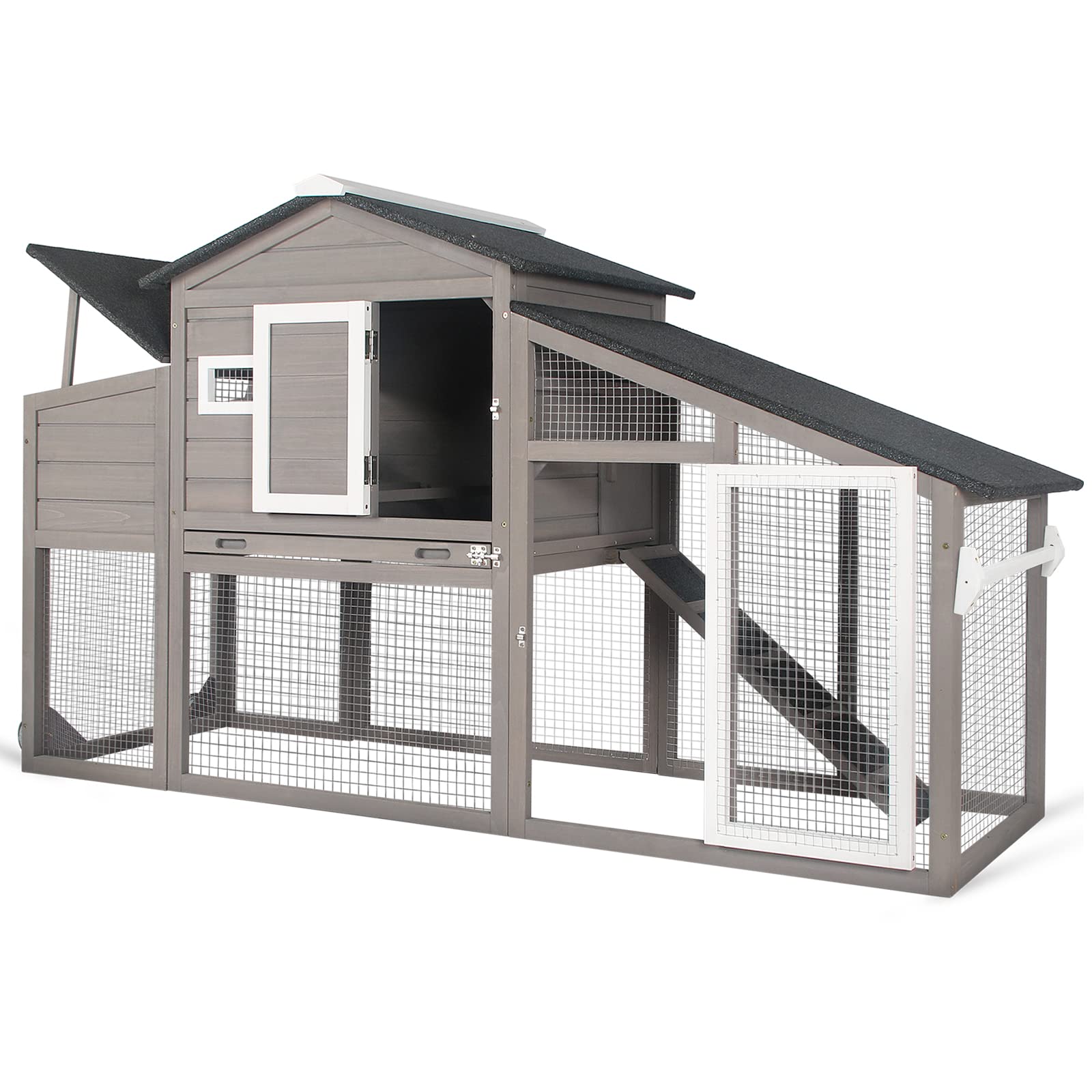 PetsCosset Chicken Coop Wooden Backyard Hen House – Indoor Outdoor for 2-3 Chickens, 2 Story Poultry Cage with Run, Chicken Nesting Box, Pull Out