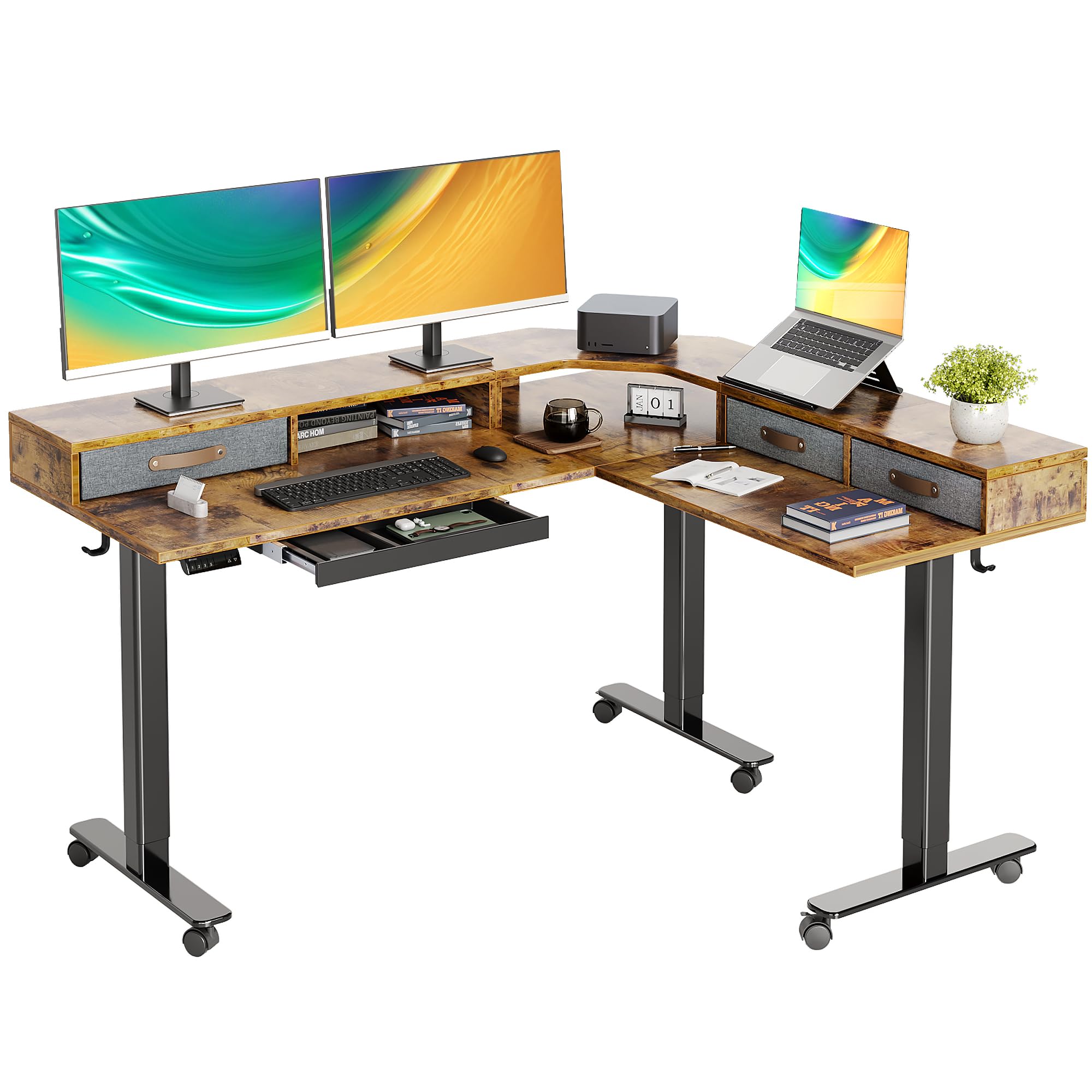 Claiks Triple Motor 63″ L Shaped Standing Desk with Drawers, Electric Standing Desk Adjustable Height, Corner Stand up Desk with Splice Board, Black