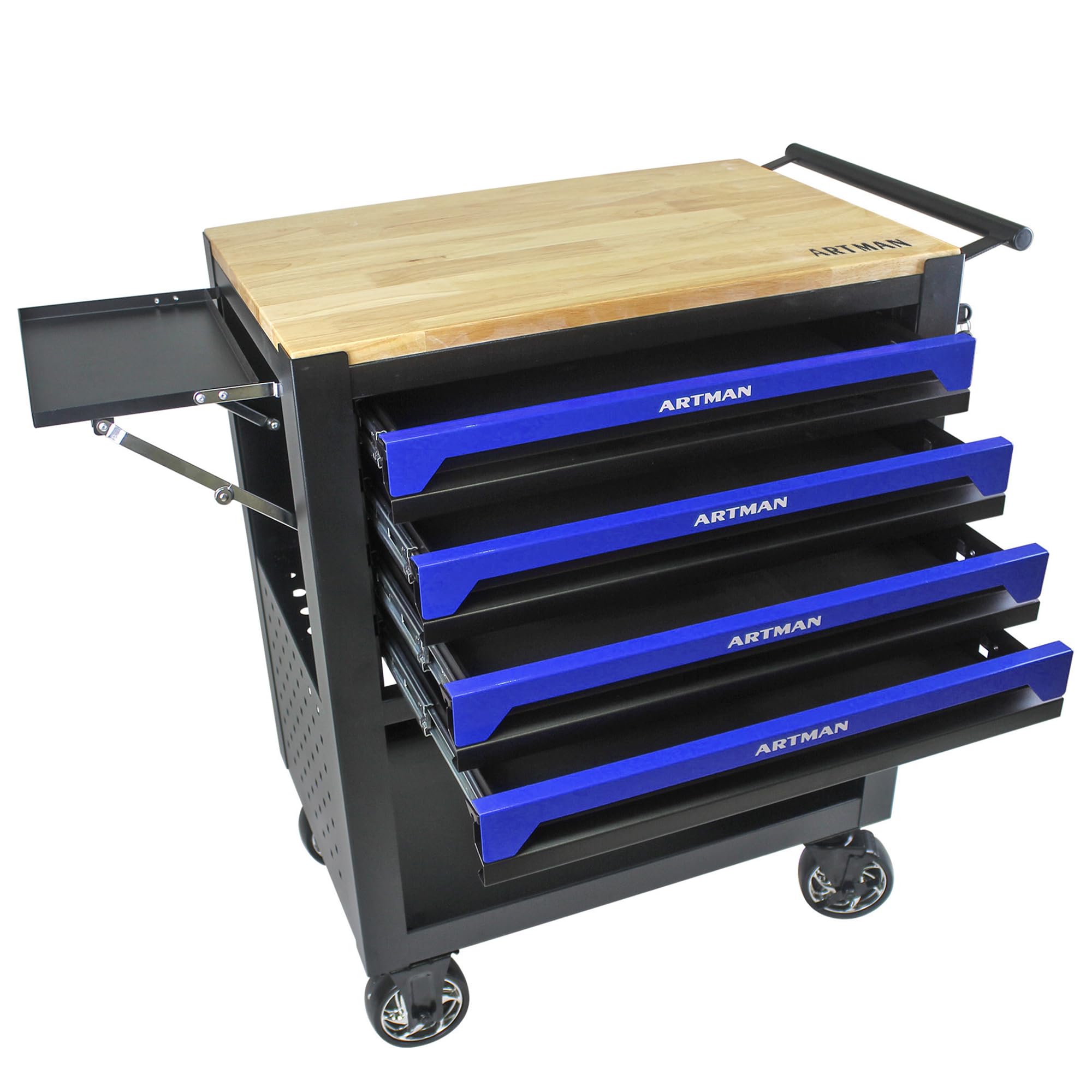 Campfun Rolling Tool Cart 4 Drawers Tool Box with Wheels, Wooden Top Tool Boxes, Mechanic Tool Cart, Tool Workbench with Drawers, Tool Storage