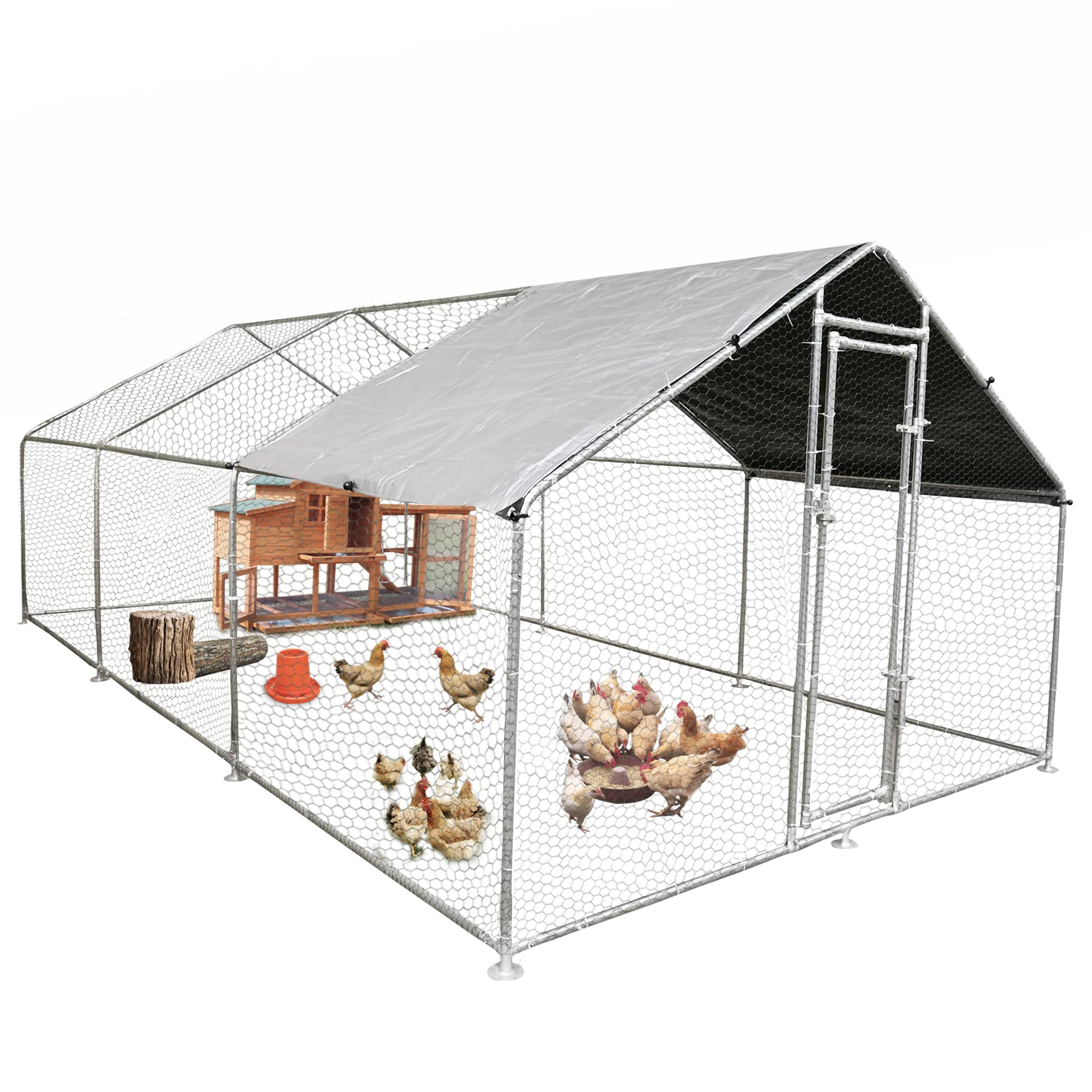 Large Chicken Coop Walk in Metal Runs with Cover Outdoor Pet Pens Poultry Cage Duck Rabbit House Backyard Use 1’Tube(19.2’Lx9.84’Wx6.6’H)