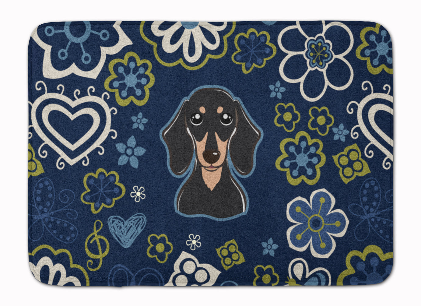 Blue Flowers Smooth Black and Tan Dachshund Machine Washable Memory Foam Mat BB5066RUG