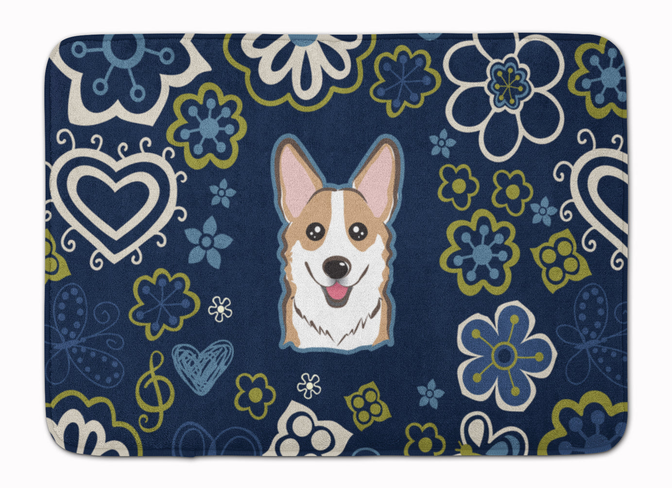 Blue Flowers Sable Corgi Machine Washable Memory Foam Mat BB5104RUG