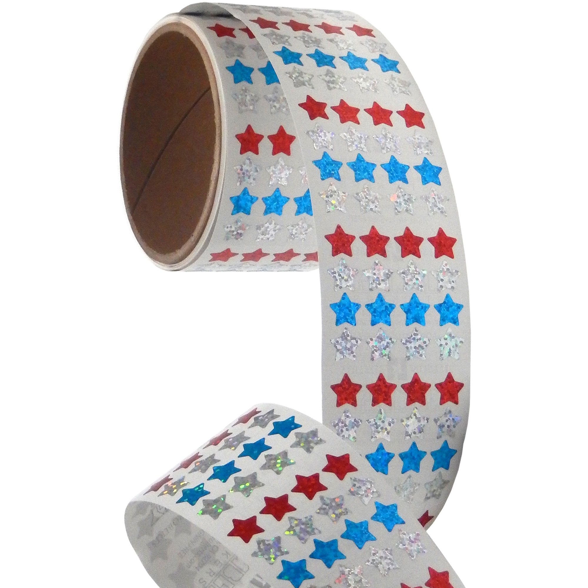 Bulk Roll Prismatic Stickers, Micro Stars / Red, Silver, Blue (100 Repeats)