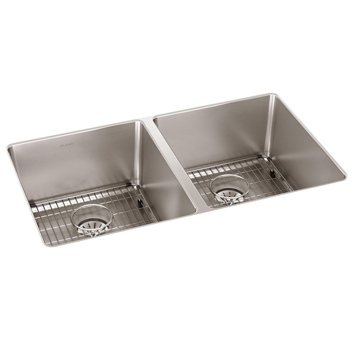 Elkay Lustertone Iconix 16 Gauge Stainless Steel 32-3/4″ x 19-1/2″ x 9″ Double Bowl Undermount Sink Kit with Perfect Drain