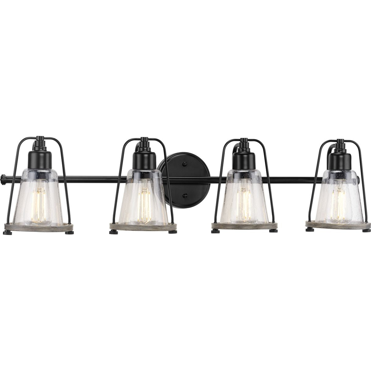 PROGRESS LIGHTING P300298-031 Conway Collection Four-Light Matte Black and Clear Seeded Farmhouse Style Bath Vanity Wall Light in Matte Black