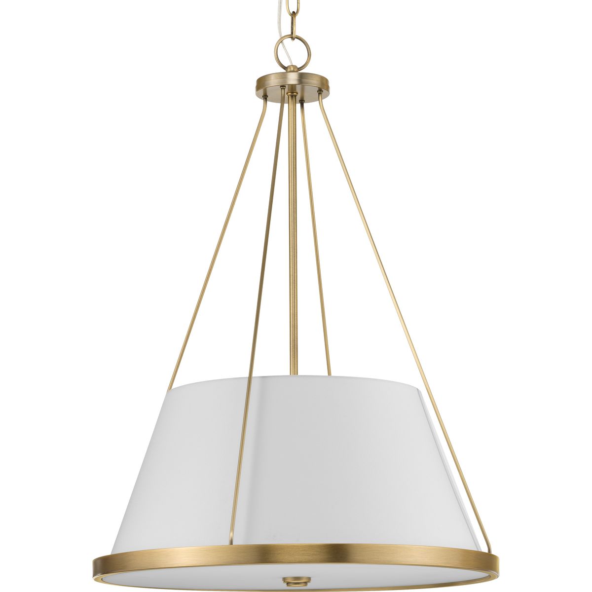 PROGRESS LIGHTING P500357-163 Saffert Collection Three-Light New Traditional Vintage Brass White Linen Glass Pendant Light in Vintage Brass