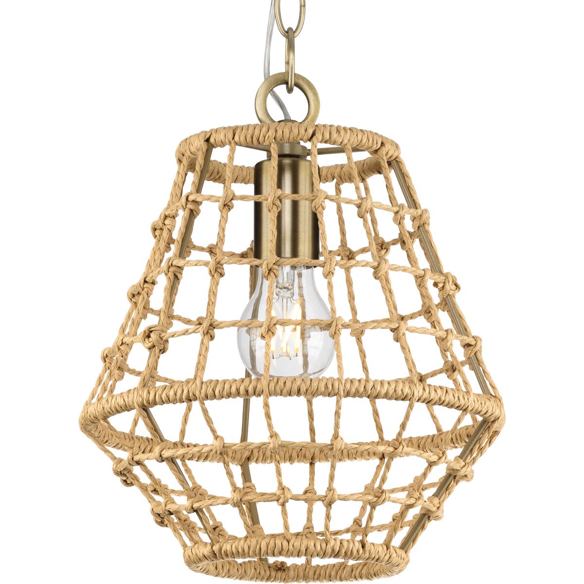 PROGRESS LIGHTING P500423-163 Laila Collection One-Light Vintage Brass Coastal Pendant with Woven Jute Accent in Vintage Brass