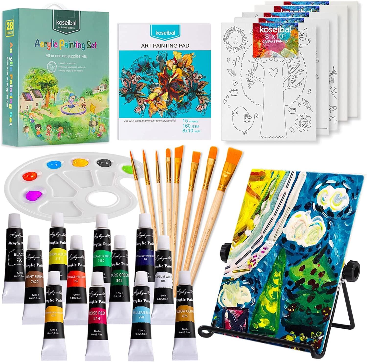 Acrylic Paint Set for Kids, Art Painting Supplies Kit with 12 Paints, 5 Canvas Panels, 8 Brushes, Table Easel