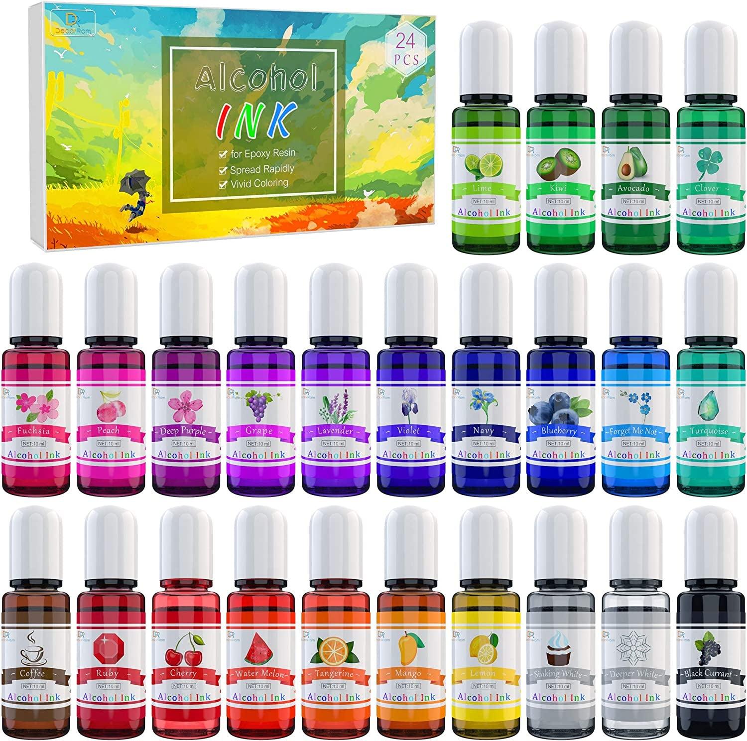 Alcohol Ink Set – 24 Vibrant Colors Alcohol-Based Ink for Resin Petri Dish Making, Epoxy Resin Painting – Concentrated Alcohol Paint Color Dye for