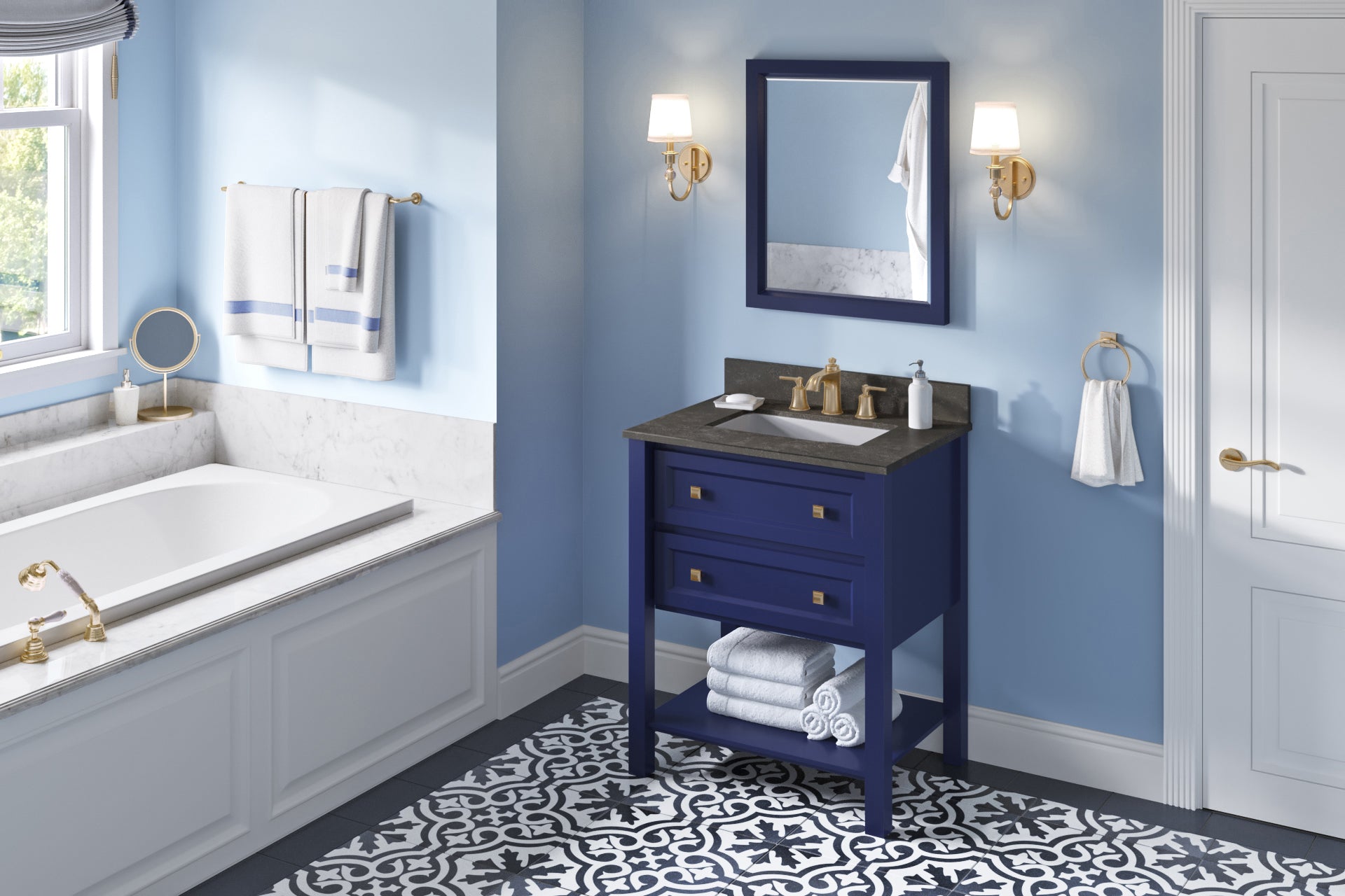 JEFFREY ALEXANDER VKITADL30BLLSR 30″ Hale Blue Adler Vanity, Blue Limestone Vanity Top, undermount rectangle bowl