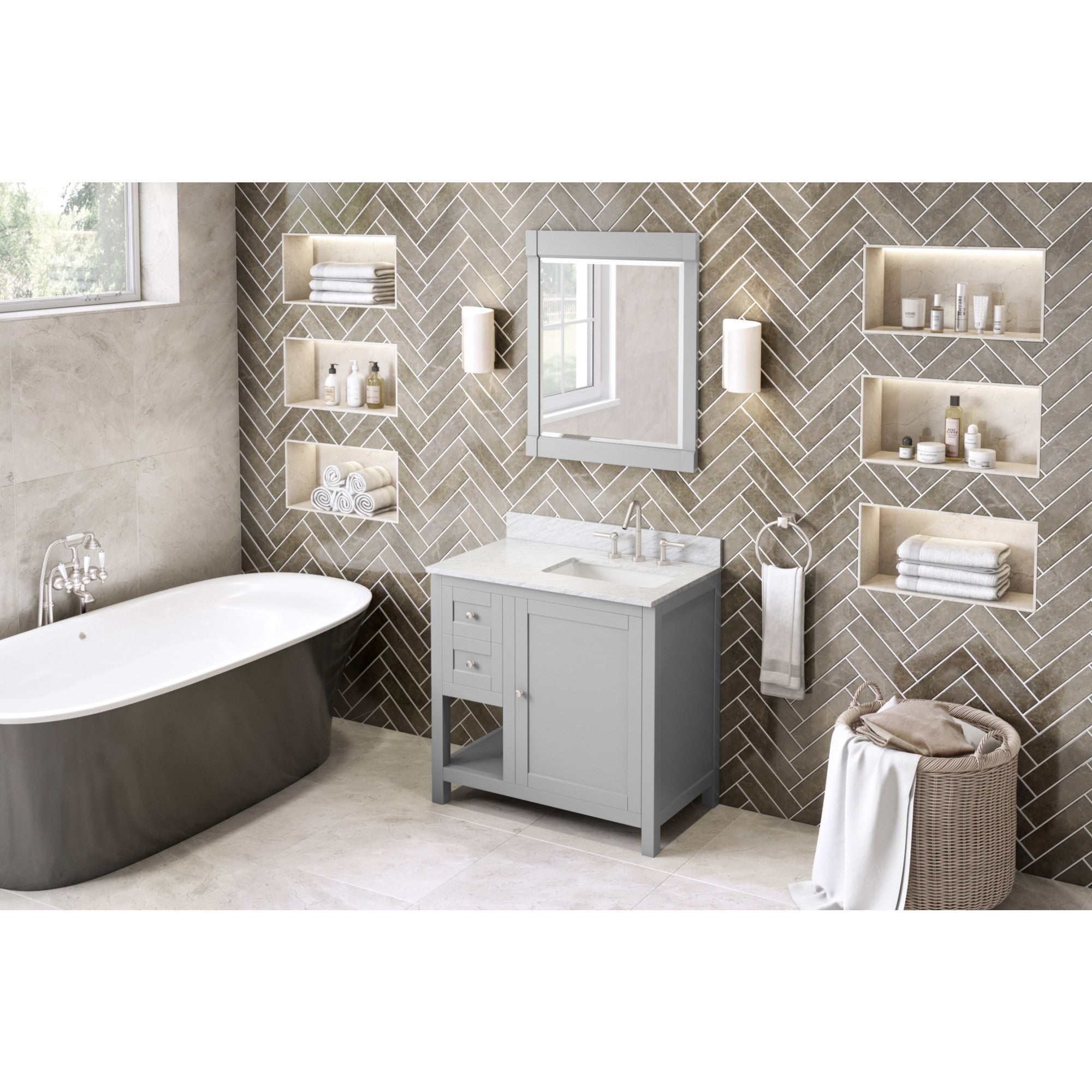 JEFFREY ALEXANDER VKITAST36GRWCR 36″ Grey Astoria Vanity, right offset, White Carrara Marble Vanity Top, undermount rectangle bowl – Grey