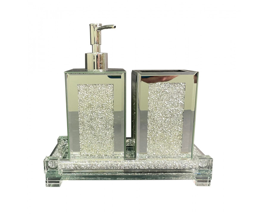 Furnings – Square Soap Dispenser and Toothbrush Holder with Tray, Silver Crushed Diamond Glass