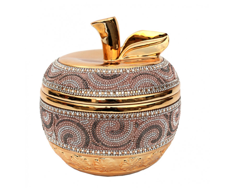 Furnings – Ambrose Gold Plated Crystal Embellished Lidded Ceramic Apple Bowl (7.5 In. x 7.5 In. x 8 In.)