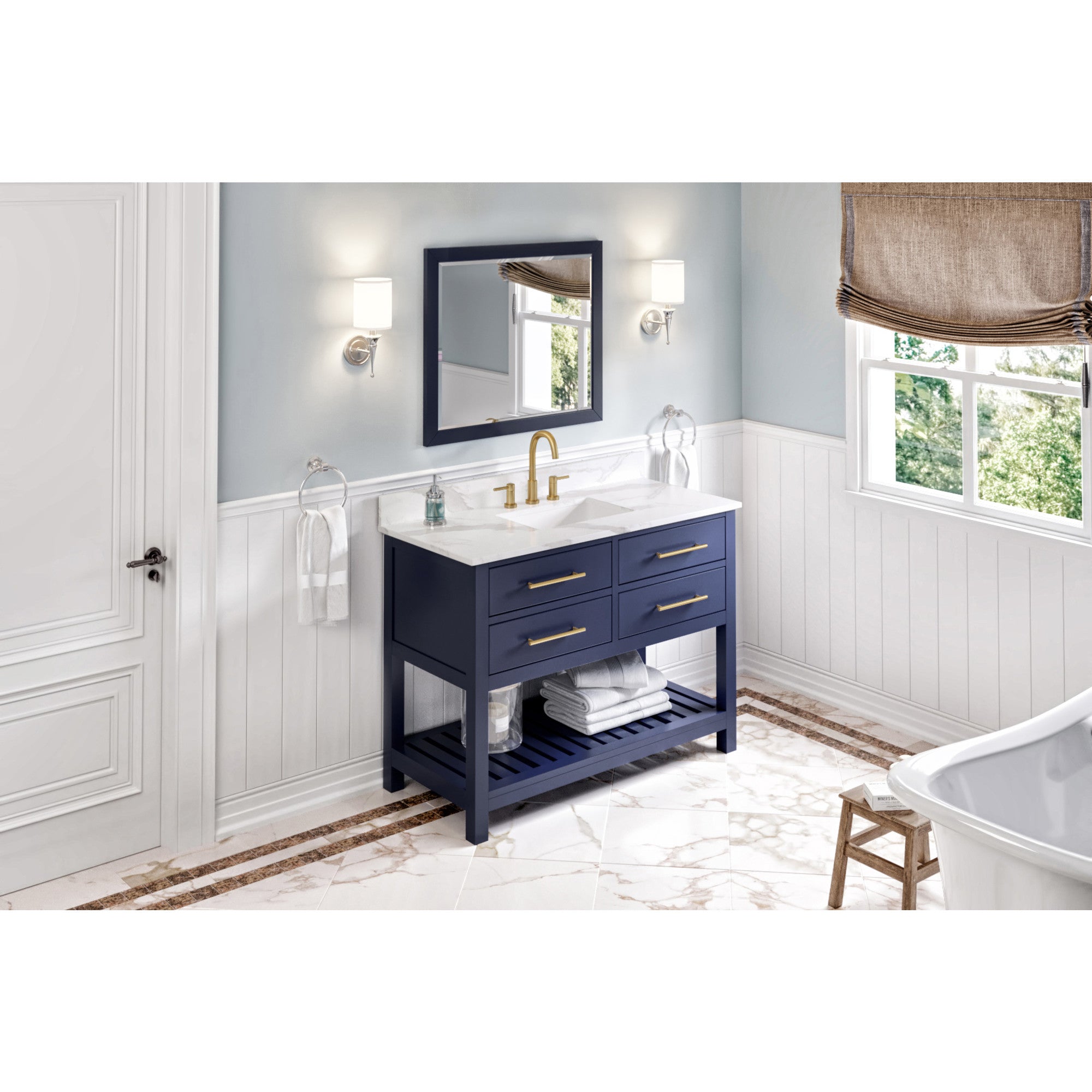 JEFFREY ALEXANDER VKITWAV48BLCQR 48″ Hale Blue Wavecrest Vanity, Calacatta Vienna Quartz Vanity Top, undermount rectangle bowl – Hale Blue