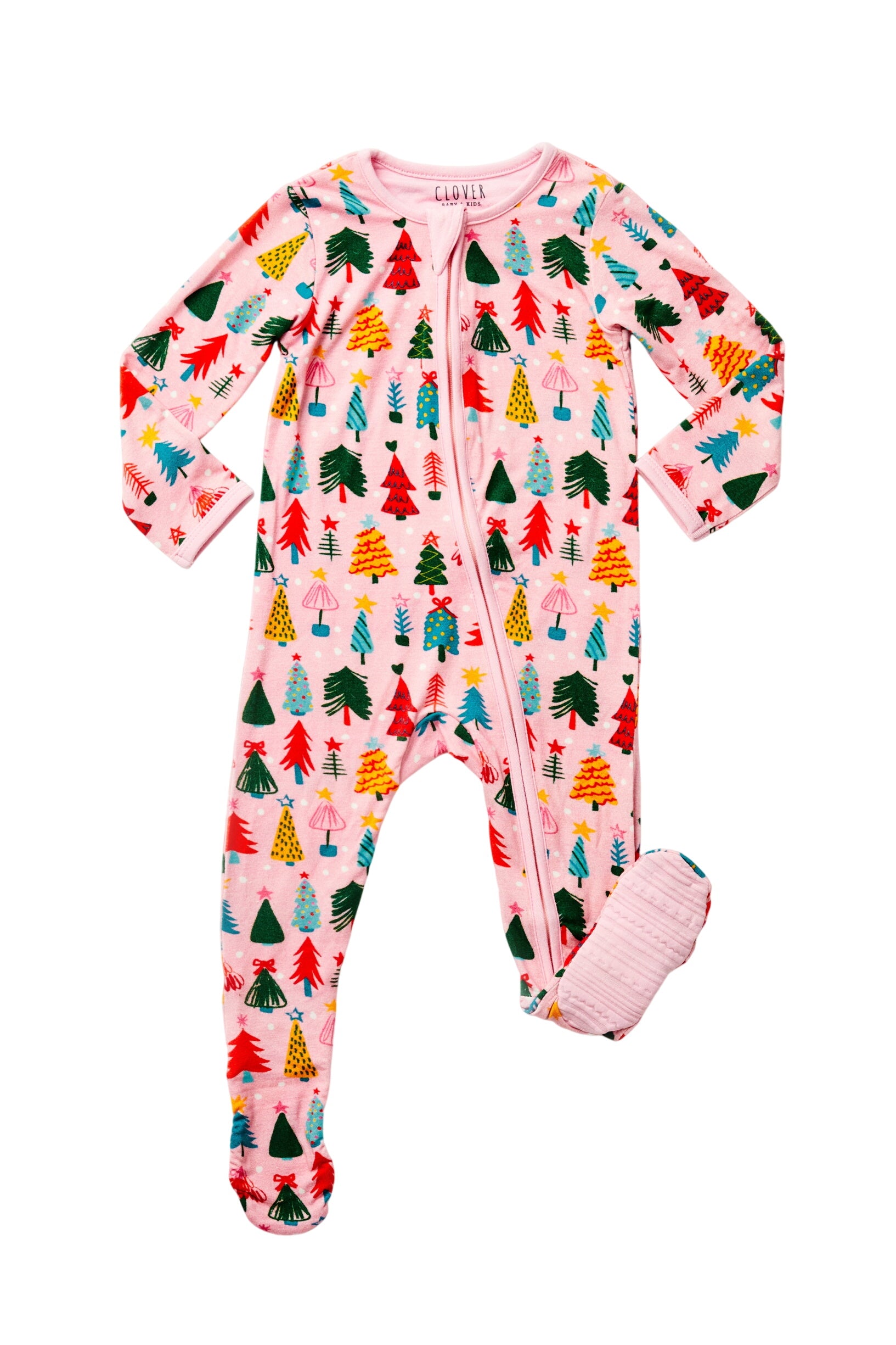 Soft & Stretchy Zipper Footie – Christmas Trees Pink