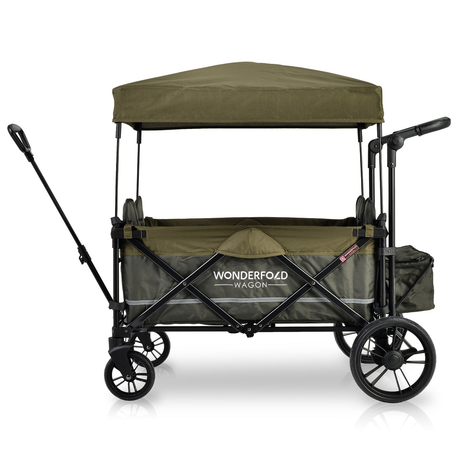 Wonderfold X4 Woodland Green Pull and Push Double Stroller Wagon with Automatic Magnetic Seatbelt Buckles – 4 Seater