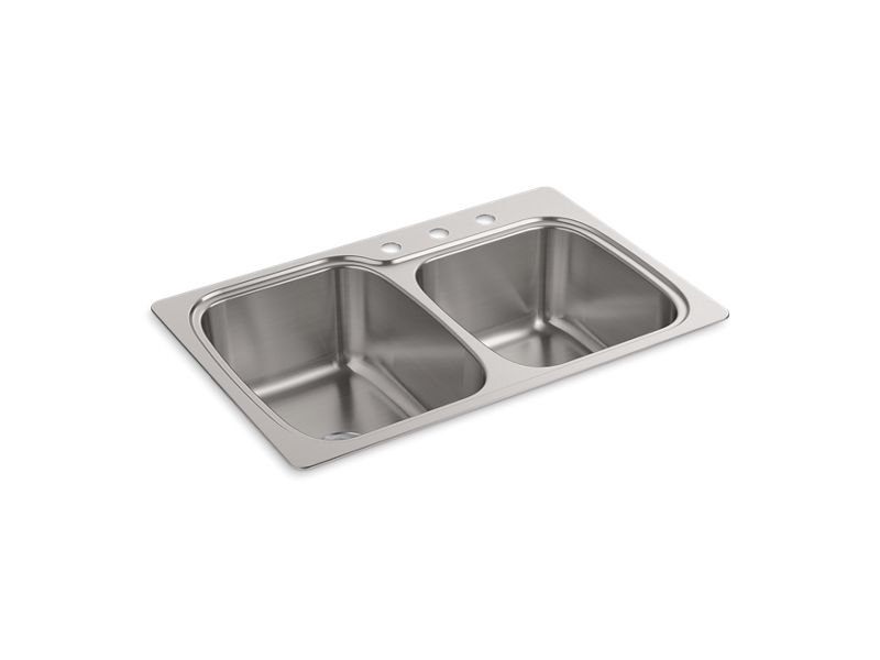 KOHLER K-75791-3 Verse 33″ x 22″ x 9-1/4″ top-mount/undermount double-bowl large/medium kitchen sink with 3 faucet holes