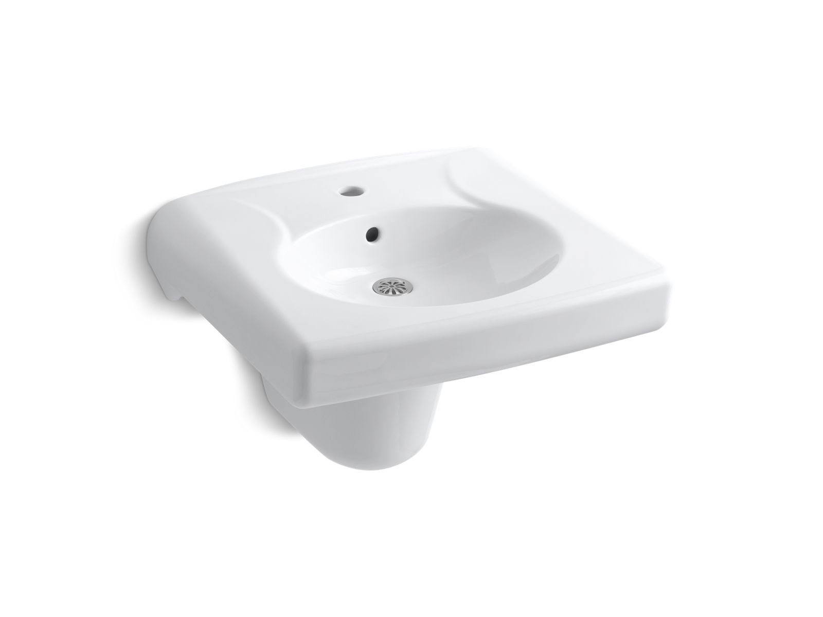 KOHLER K-1999-SS1-0 Brenham Wall-Mount Or Concealed Carrier Arm Mount Commercial Bathroom Sink With Single Faucet Hole And Shroud, Antimicrobial Finish In White